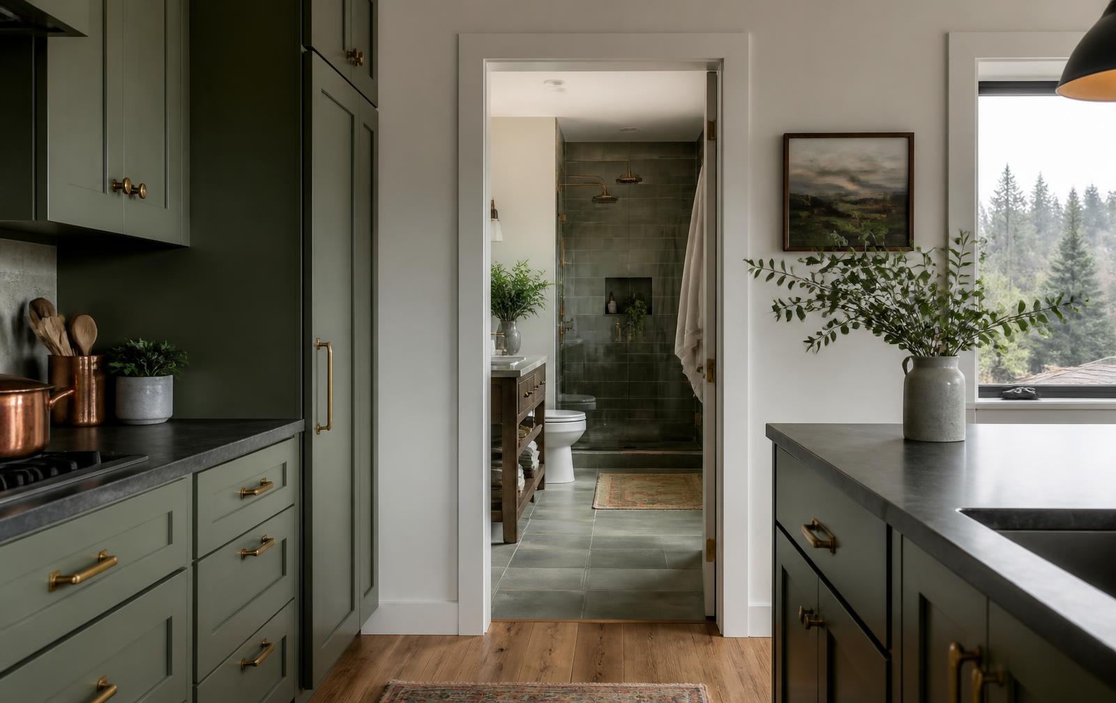Remodeled Pacific Northwest home showing a green shaker kitchen in the foreground and a finished tiled bathroom through the doorway