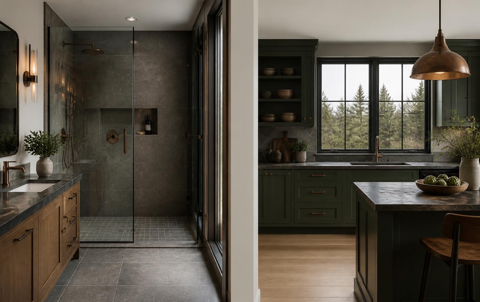 Split view of a remodeled tiled bathroom with a walk-in shower on the left and a dark green kitchen with stone counters on the right