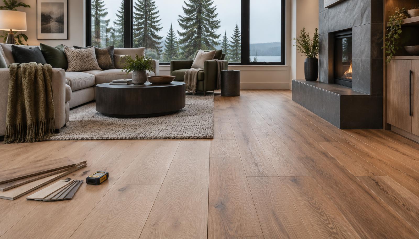 Engineered hardwood and luxury vinyl plank samples in a Seattle living room during a flooring consultation