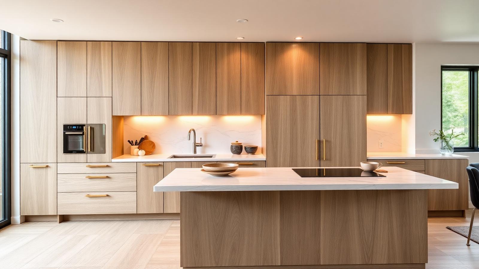 Kitchen remodeling trends 2026 Seattle warm wood cabinets slab backsplash induction